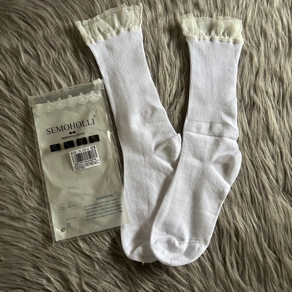 Semoholli Lace Ruffle Crew Socks Womens White 1 Pair Sock